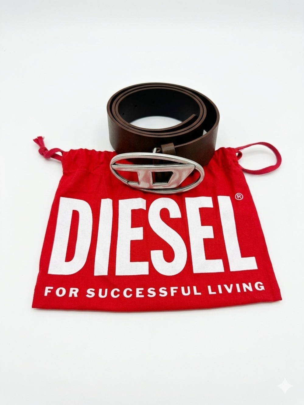 Diesel Brown Leather Belt with Silver Logo Buckle